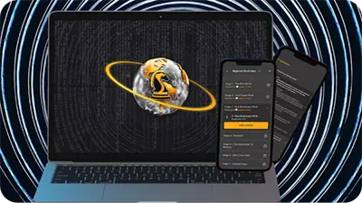 Laptop and two phones showing The Real World Portal app